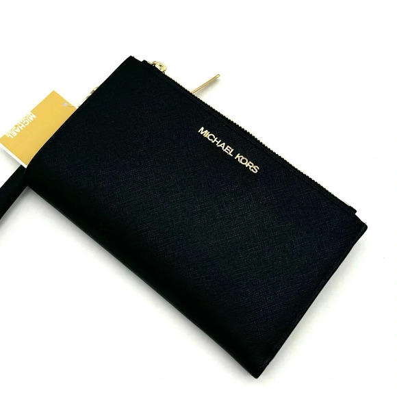 Michael Kors Large Double Zip Wallet Wristlet Black/Gold - Picture 1 of 9